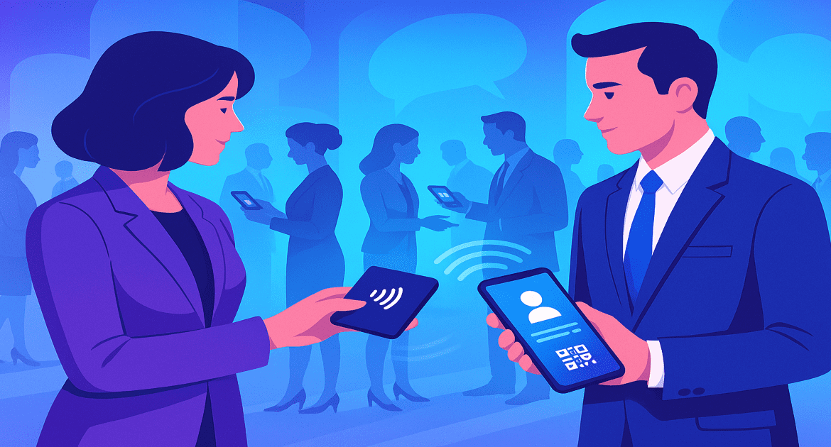 Professionals networking with digital NFC business cards at an event, exchanging details via QR codes