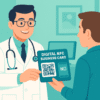 Doctor handing digital business card to patient