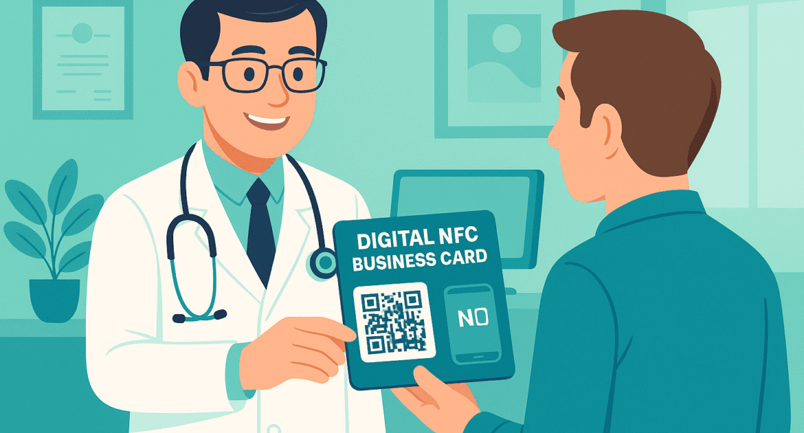 Doctor handing digital business card to patient